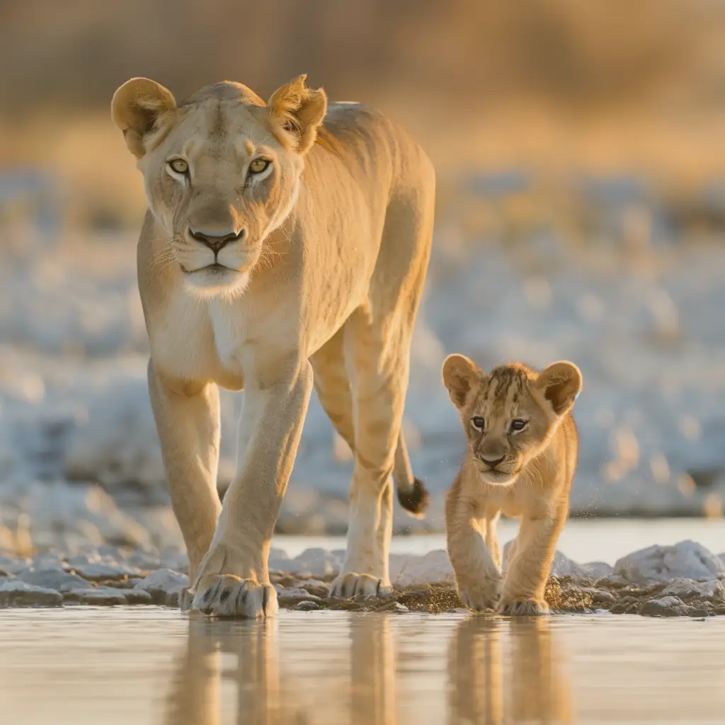 Lioness and cub in Namibia